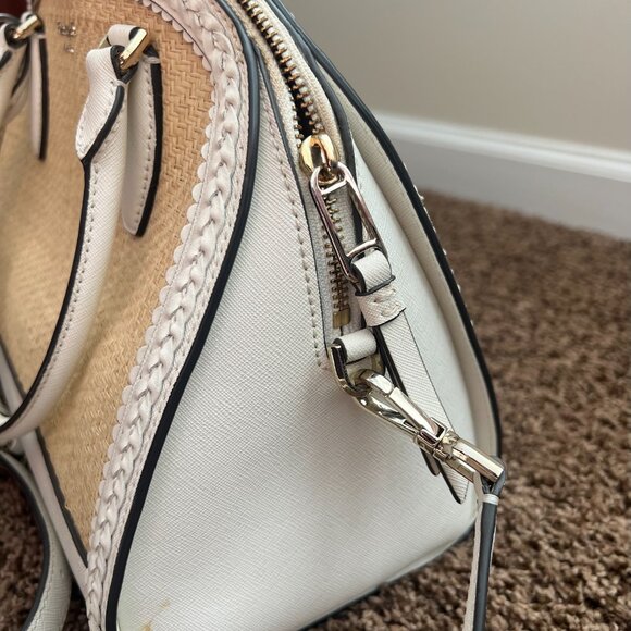 KATE SPADE White Leather Rattan Top Handle Tote Zipper Closure Crossbody Bag EUC - Picture 4 of 11